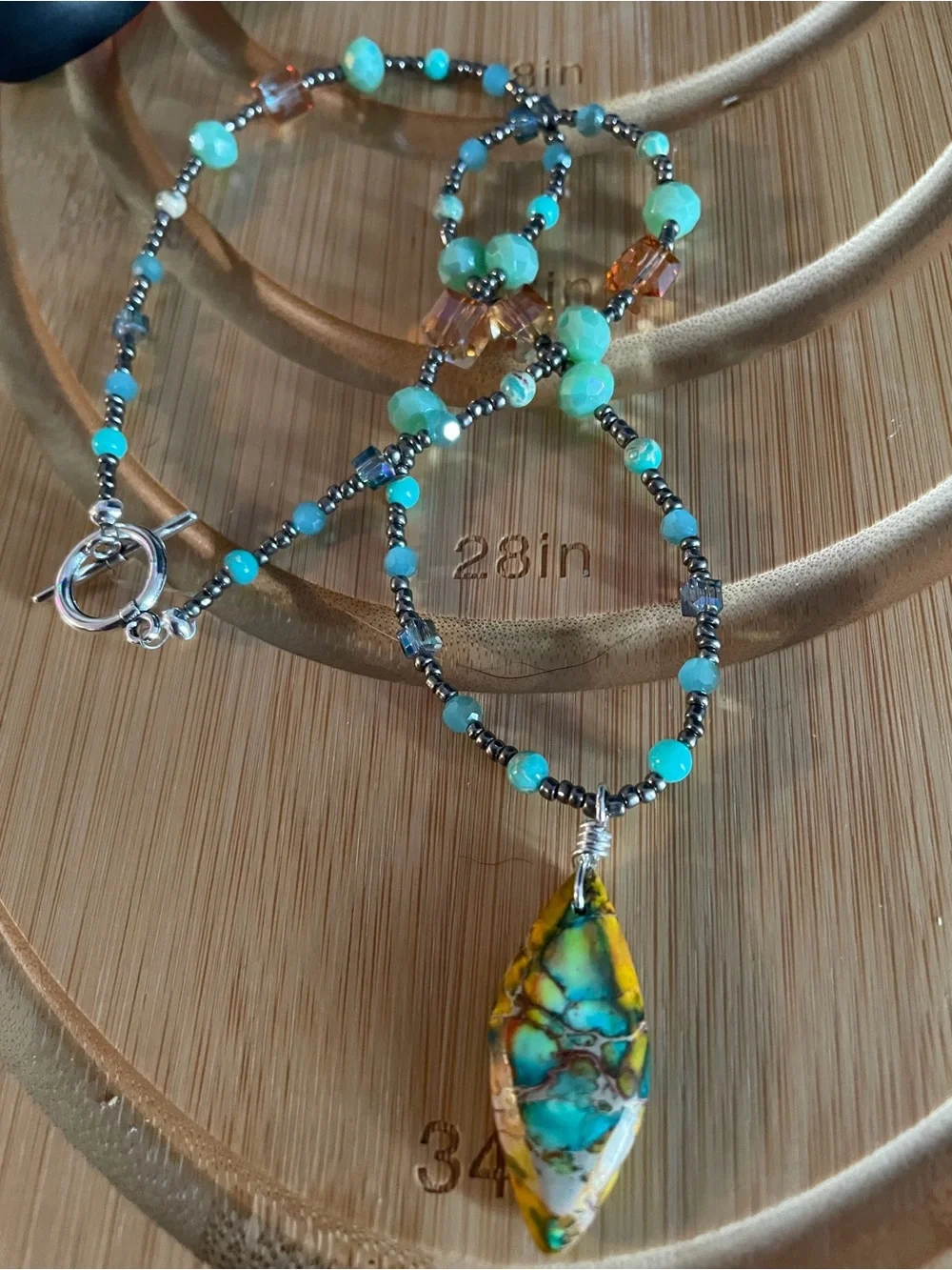 Handcrafted Green & Turquoise Beaded Necklace with Amber Accent Earrings